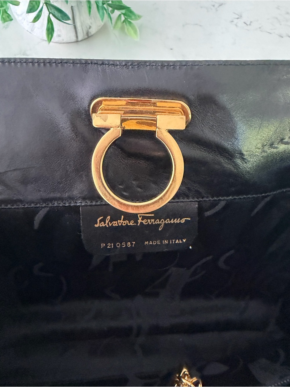 Salvatore Ferragamo Black Leather Crossbody with Gold Chain and Gancini Hardware - Picture 7 of 9